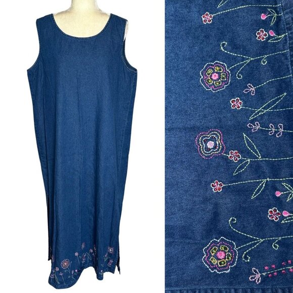 Jane Ashley Vintage 90s Denim Maxi Dress Plus 1X Floral Embroidery Cottagecore - Picture 1 of 12